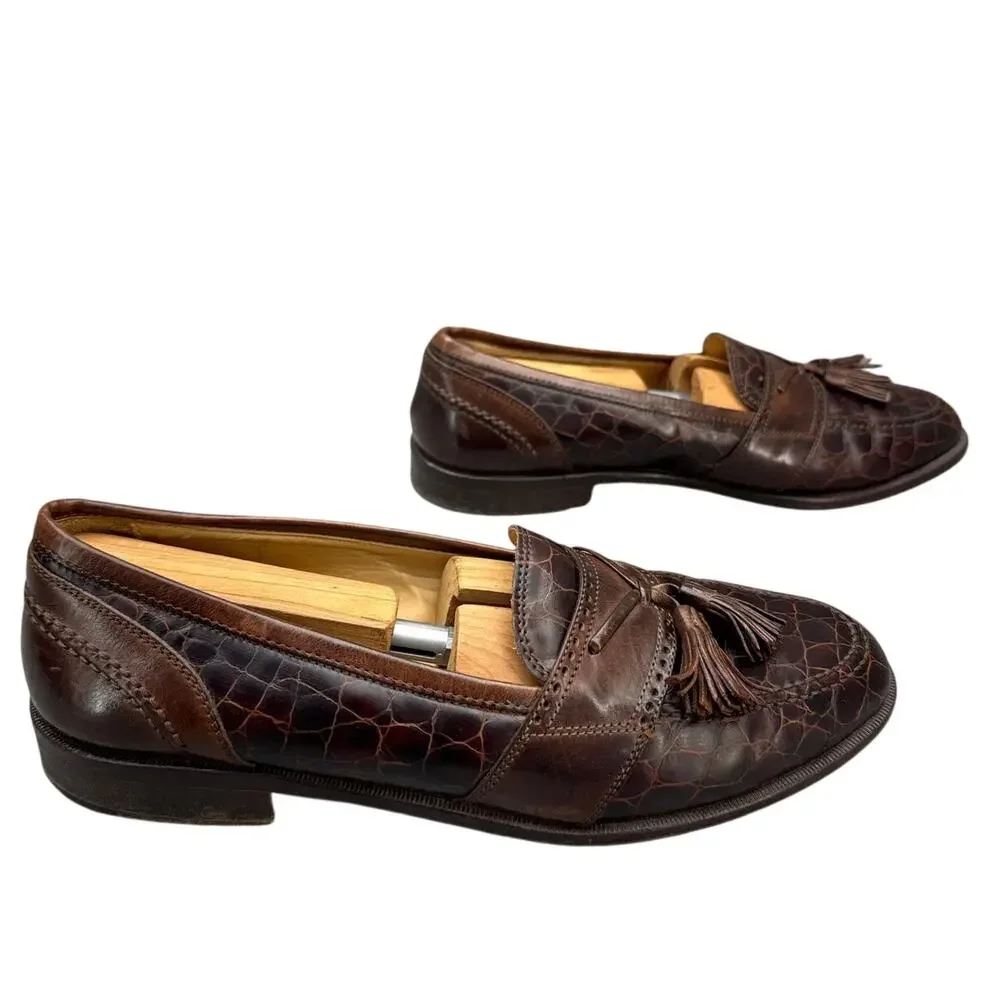 Johnston & Murphy Vintage Cellini Brown Italy Leather Croc Tassel Loafer Men 8.5